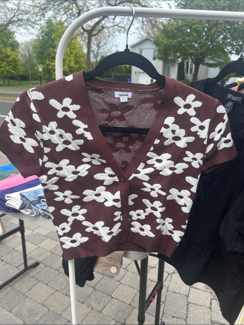 Garage Brown and White Floral V-Neck Button-Up Sweater